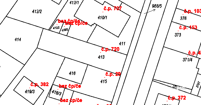 Satalice 720, Praha na parcele st. 413 v KÚ Satalice, Katastrální mapa