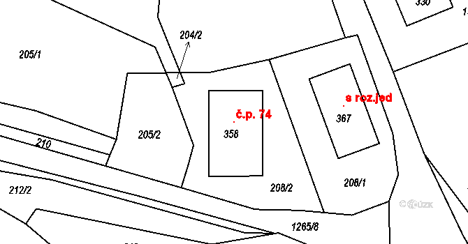 Květná 74 na parcele st. 358 v KÚ Květná, Katastrální mapa