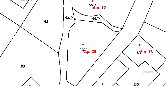Hluzov 28, Černotín na parcele st. 55/1 v KÚ Hluzov, Katastrální mapa