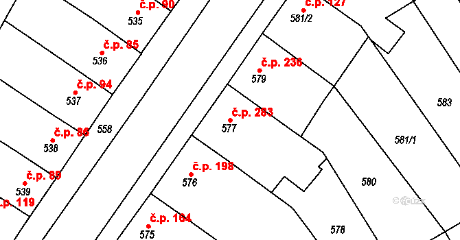 Rousínov 283 na parcele st. 577 v KÚ Rousínov u Vyškova, Katastrální mapa