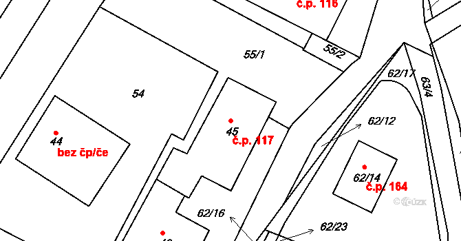 Chaloupky 117 na parcele st. 45 v KÚ Chaloupky, Katastrální mapa