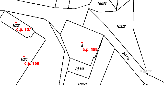 Černožice 155 na parcele st. 9 v KÚ Černožice nad Labem, Katastrální mapa