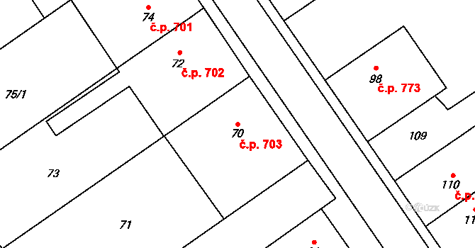 Březce 703, Štěpánov na parcele st. 70 v KÚ Březce, Katastrální mapa