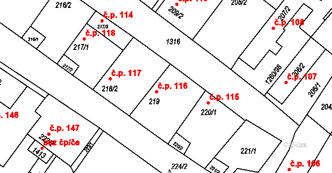 Myslibořice 116 na parcele st. 219 v KÚ Myslibořice, Katastrální mapa