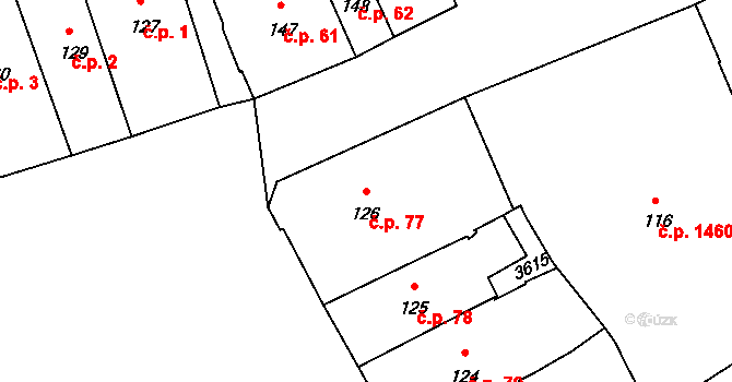 Pelhřimov 77 na parcele st. 126 v KÚ Pelhřimov, Katastrální mapa