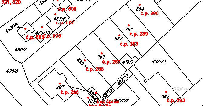 Borohrádek 287 na parcele st. 381 v KÚ Borohrádek, Katastrální mapa