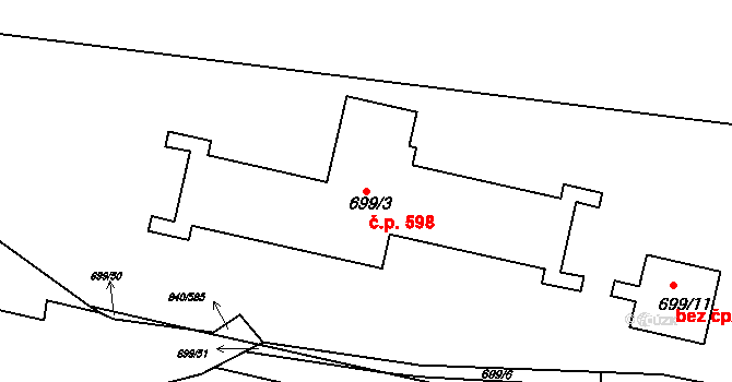 Bohnice 598, Praha na parcele st. 699/3 v KÚ Bohnice, Katastrální mapa