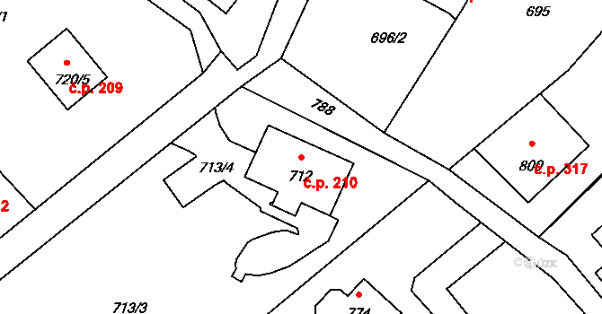 Rumburk 2-Horní Jindřichov 210, Rumburk na parcele st. 712 v KÚ Horní Jindřichov, Katastrální mapa