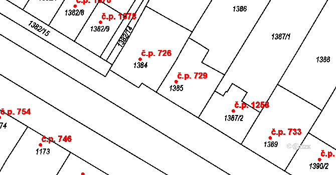 Mutěnice 729 na parcele st. 1385 v KÚ Mutěnice, Katastrální mapa