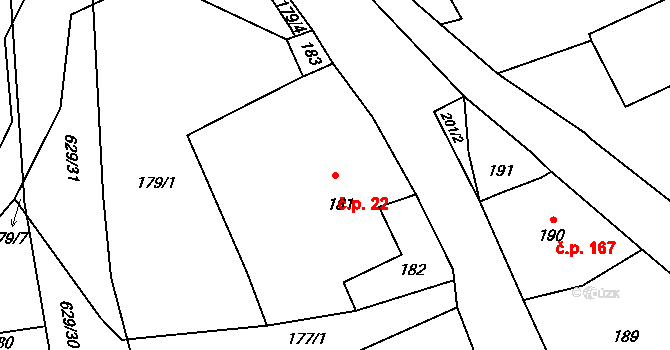 Dobranov 22, Česká Lípa na parcele st. 181 v KÚ Dobranov, Katastrální mapa
