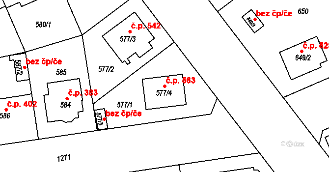 Černice 563, Plzeň na parcele st. 577/4 v KÚ Hradiště u Plzně, Katastrální mapa