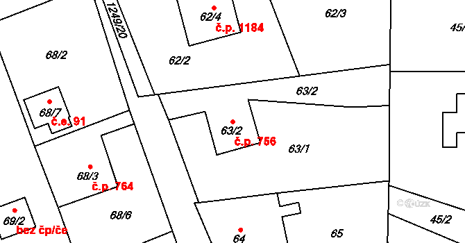 Prostřední Suchá 756, Havířov na parcele st. 63/2 v KÚ Prostřední Suchá, Katastrální mapa
