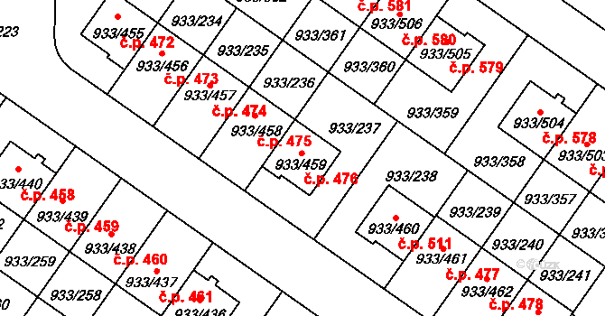 Satalice 476, Praha na parcele st. 933/459 v KÚ Satalice, Katastrální mapa