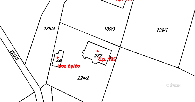 Sudoměřice u Bechyně 165 na parcele st. 222 v KÚ Sudoměřice u Bechyně, Katastrální mapa