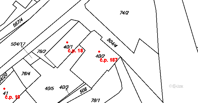 Oldřichov 187, Jeníkov na parcele st. 40/2 v KÚ Oldřichov u Duchcova, Katastrální mapa
