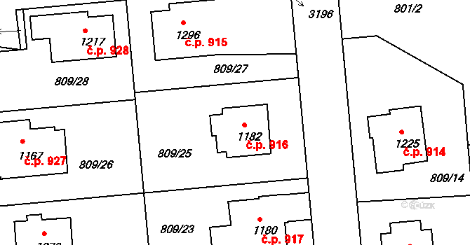 Horažďovice 916 na parcele st. 1182 v KÚ Horažďovice, Katastrální mapa