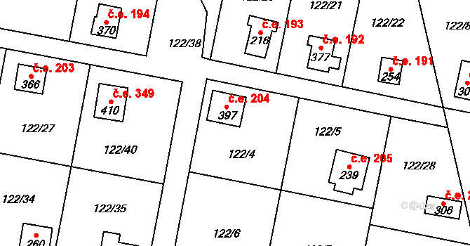 Podhoří 204, Cheb na parcele st. 397 v KÚ Podhoří u Chebu, Katastrální mapa