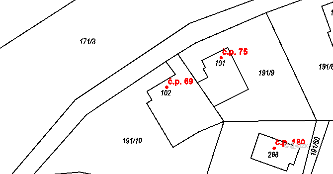 Černý Vůl 69, Statenice na parcele st. 102 v KÚ Statenice, Katastrální mapa