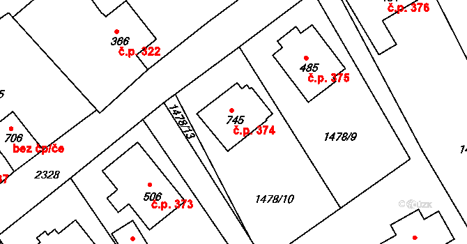 Křižanov 374 na parcele st. 745 v KÚ Křižanov, Katastrální mapa