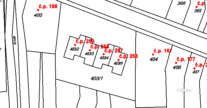 Hrušky 257 na parcele st. 403/4 v KÚ Hrušky u Brna, Katastrální mapa