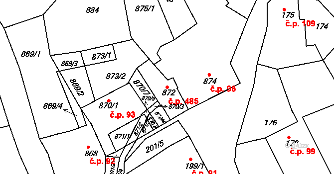 Buchlovice 485 na parcele st. 872 v KÚ Buchlovice, Katastrální mapa