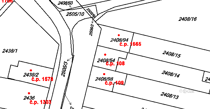 Kunovice 108 na parcele st. 2408/54 v KÚ Kunovice u Uherského Hradiště, Katastrální mapa