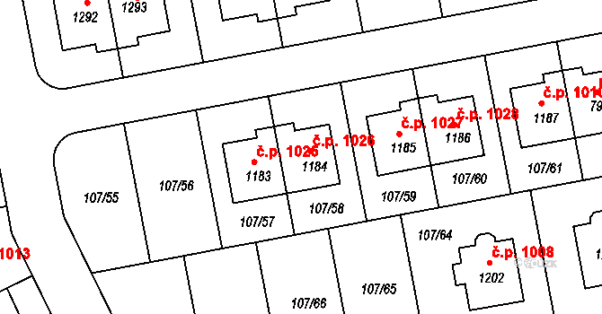 Zeleneč 1026 na parcele st. 1184 v KÚ Zeleneč, Katastrální mapa