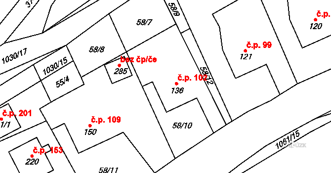 Rynárec 102 na parcele st. 136 v KÚ Rynárec, Katastrální mapa