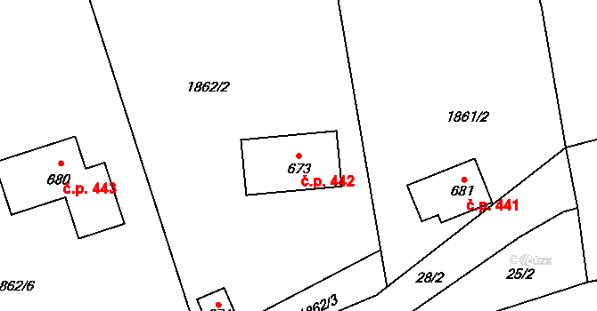 Roztoky u Jilemnice 442 na parcele st. 673 v KÚ Roztoky u Jilemnice, Katastrální mapa