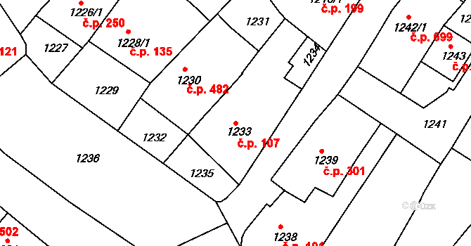 Šitbořice 107 na parcele st. 1233 v KÚ Šitbořice, Katastrální mapa