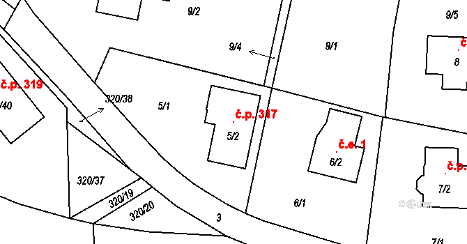 Červený Kříž 317, Jihlava na parcele st. 5/2 v KÚ Antonínův Důl, Katastrální mapa
