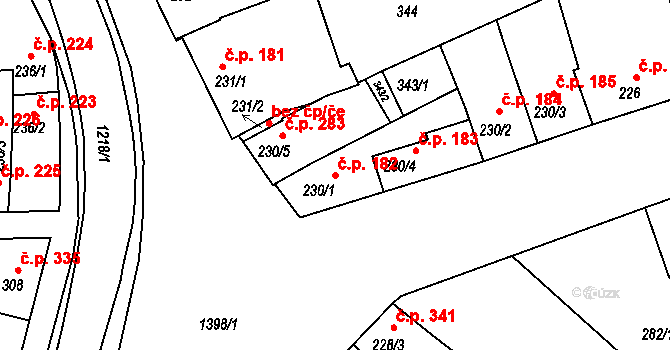 Smržice 182 na parcele st. 230/1 v KÚ Smržice, Katastrální mapa