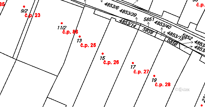 Jamolice 26 na parcele st. 15 v KÚ Jamolice, Katastrální mapa