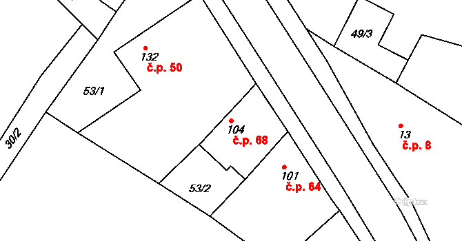 Chvalovice 68, Kovanice na parcele st. 104 v KÚ Chvalovice u Nymburka, Katastrální mapa