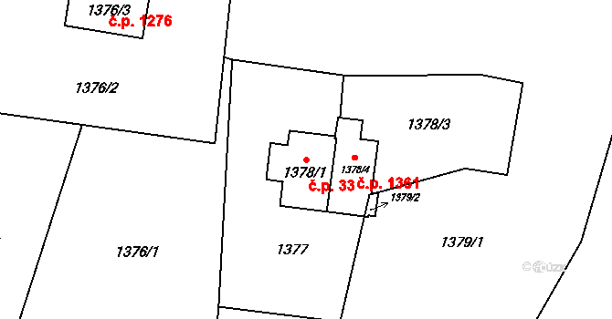 Lyžbice 33, Třinec na parcele st. 1378/1 v KÚ Lyžbice, Katastrální mapa