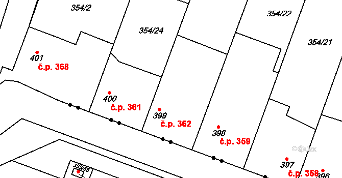 Rožďalovice 362 na parcele st. 399 v KÚ Rožďalovice, Katastrální mapa