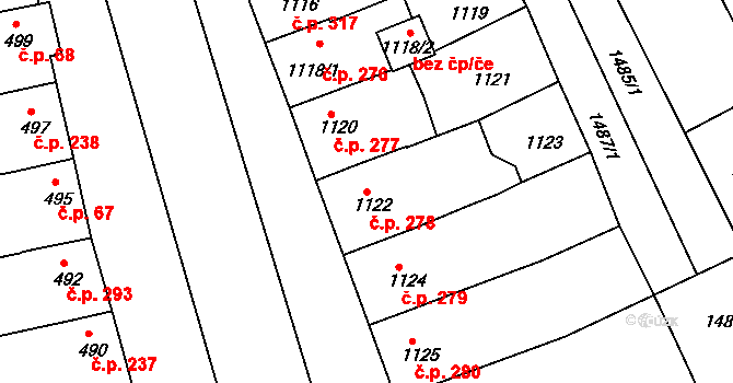 Prušánky 278 na parcele st. 1122 v KÚ Prušánky, Katastrální mapa
