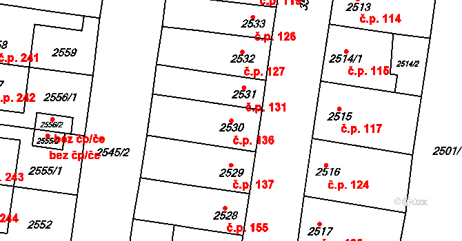 Nosálovice 136, Vyškov na parcele st. 2530 v KÚ Vyškov, Katastrální mapa