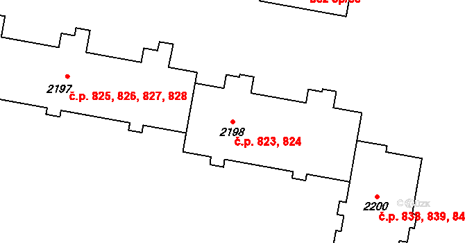 Kladno 823,824 na parcele st. 2198 v KÚ Kladno, Katastrální mapa