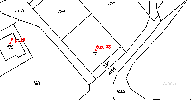 Horní Žďár 33, Jindřichův Hradec na parcele st. 38/2 v KÚ Horní Žďár u Jindřichova Hradce, Katastrální mapa