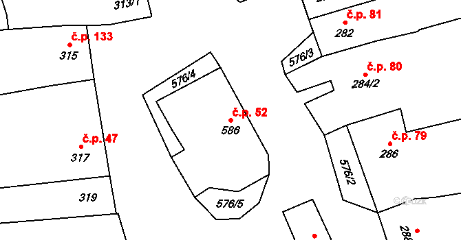 Grygov 52 na parcele st. 586 v KÚ Grygov, Katastrální mapa