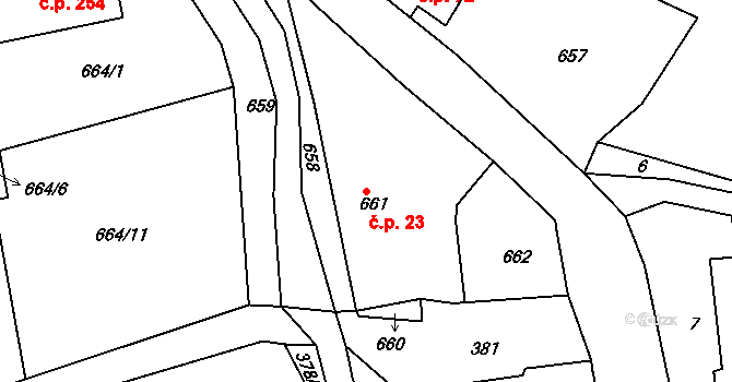 Chlumec 23 na parcele st. 661 v KÚ Chlumec u Chabařovic, Katastrální mapa