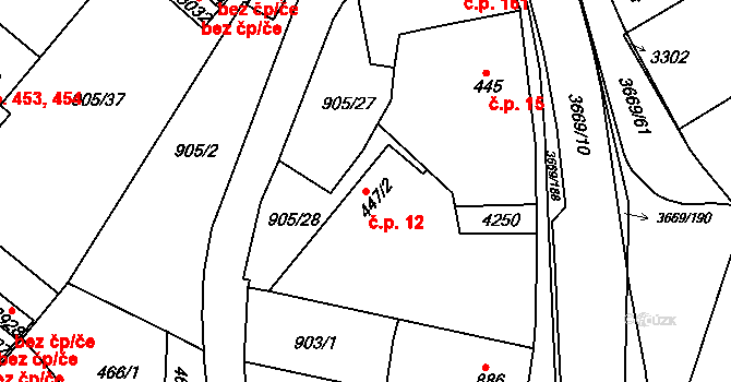 Ostrovské Předměstí 12, Lanškroun na parcele st. 447/2 v KÚ Lanškroun, Katastrální mapa