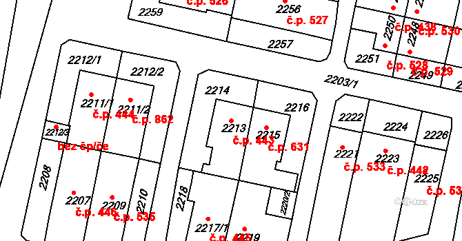 Letovice 443 na parcele st. 2213 v KÚ Letovice, Katastrální mapa