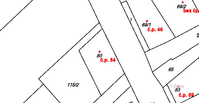 Rozvadovice 54, Litovel na parcele st. 80 v KÚ Rozvadovice, Katastrální mapa