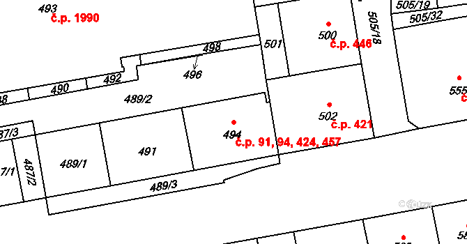 Břevnov 91,94,424,457, Praha na parcele st. 494 v KÚ Břevnov, Katastrální mapa