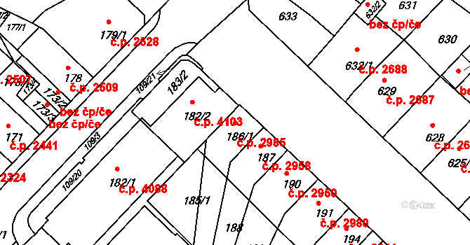 Chomutov 2985 na parcele st. 186/1 v KÚ Chomutov II, Katastrální mapa