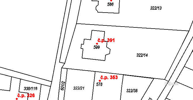 Bohušovice nad Ohří 391 na parcele st. 599 v KÚ Bohušovice nad Ohří, Katastrální mapa