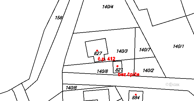 Dobřív 412 na parcele st. 827 v KÚ Dobřív, Katastrální mapa