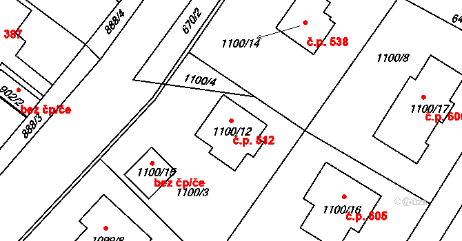 Hřebeč 512 na parcele st. 1100/12 v KÚ Hřebeč, Katastrální mapa